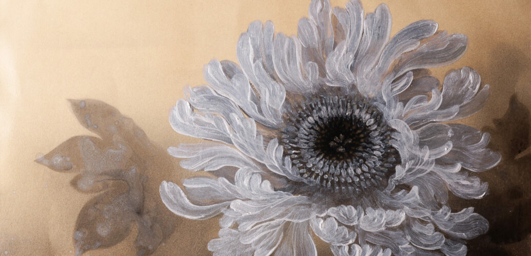 永井聡による、真珠粉を使用した唐紙技法の牡丹の絵