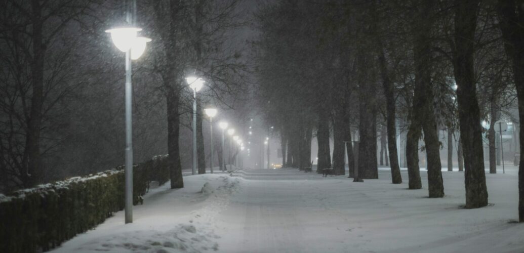 夜の雪道に並ぶ街灯と、静けさに包まれた冬の風景の 香り