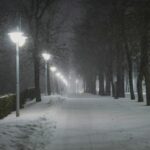 夜の雪道に並ぶ街灯と、静けさに包まれた冬の風景の 香り